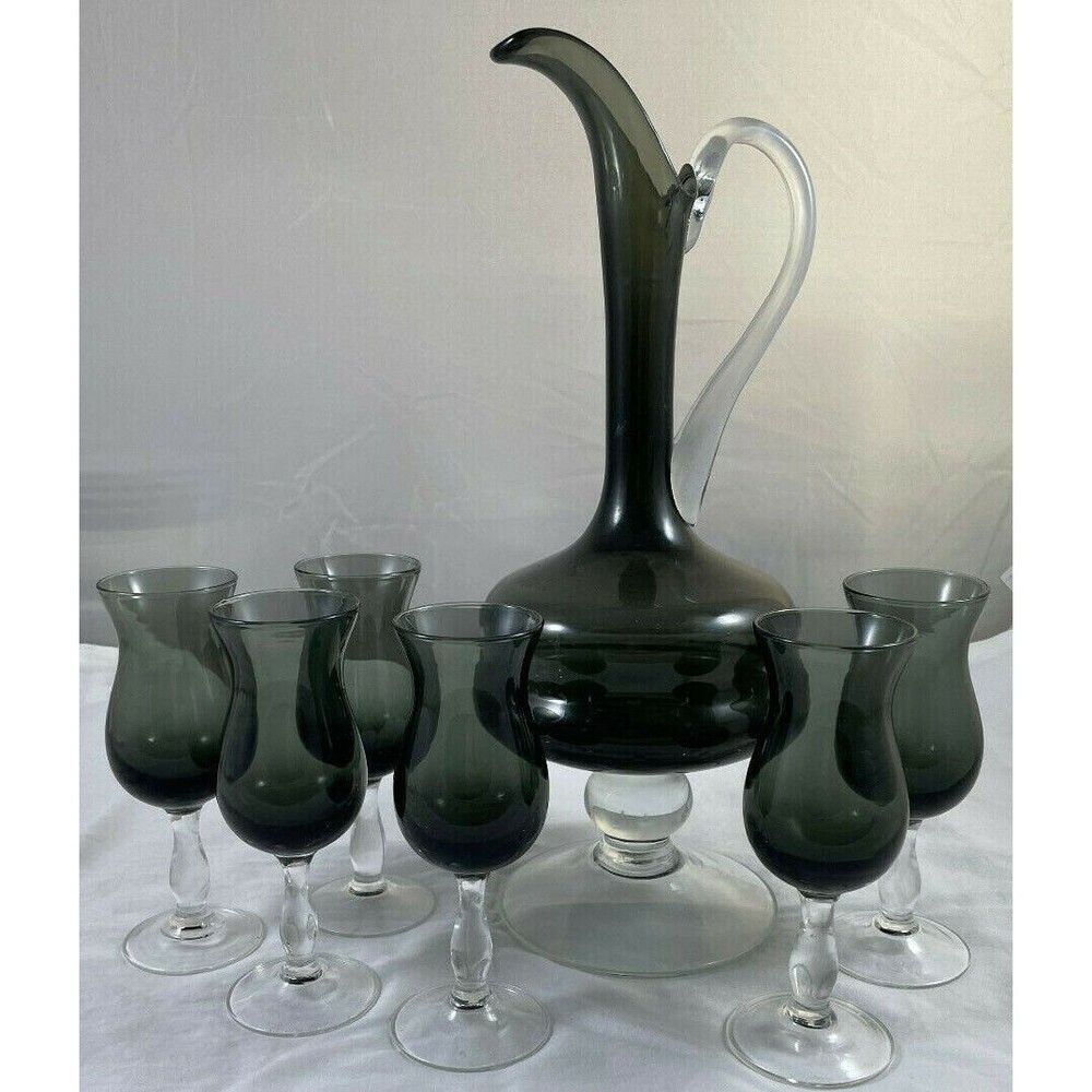 Footed Decanter Black Clear Gray Ombre Glass Cordial 7 PC Italy Vintage MCM